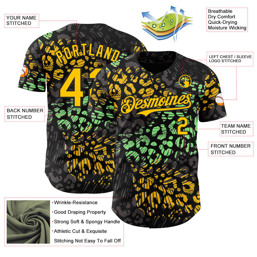 Custom Black Yellow-Green Leopard Print Authentic Baseball Jersey baseball jersey product view 3