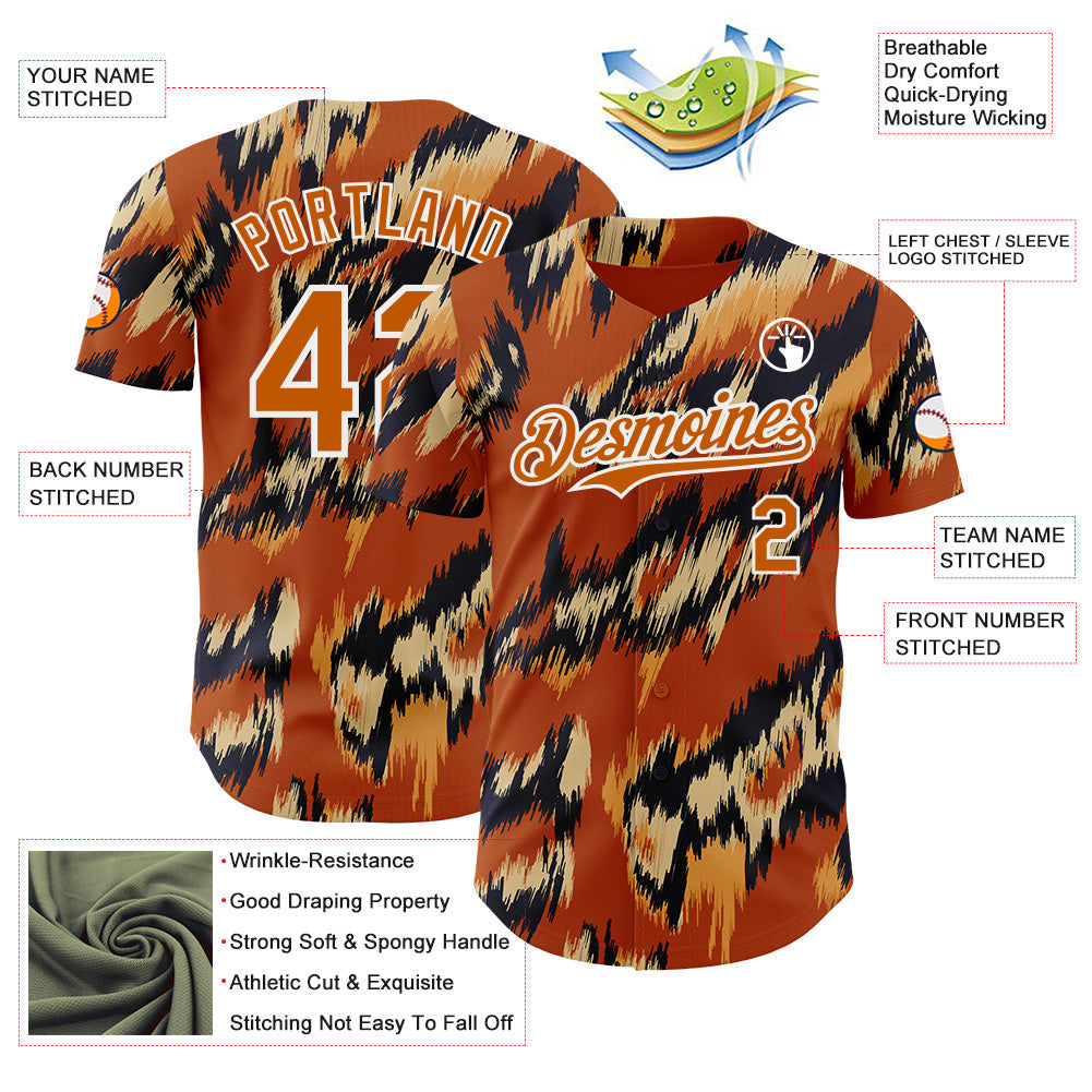 Custom Texas Orange Black-White Leopard Print Authentic Baseball Jersey baseball jersey product view 3