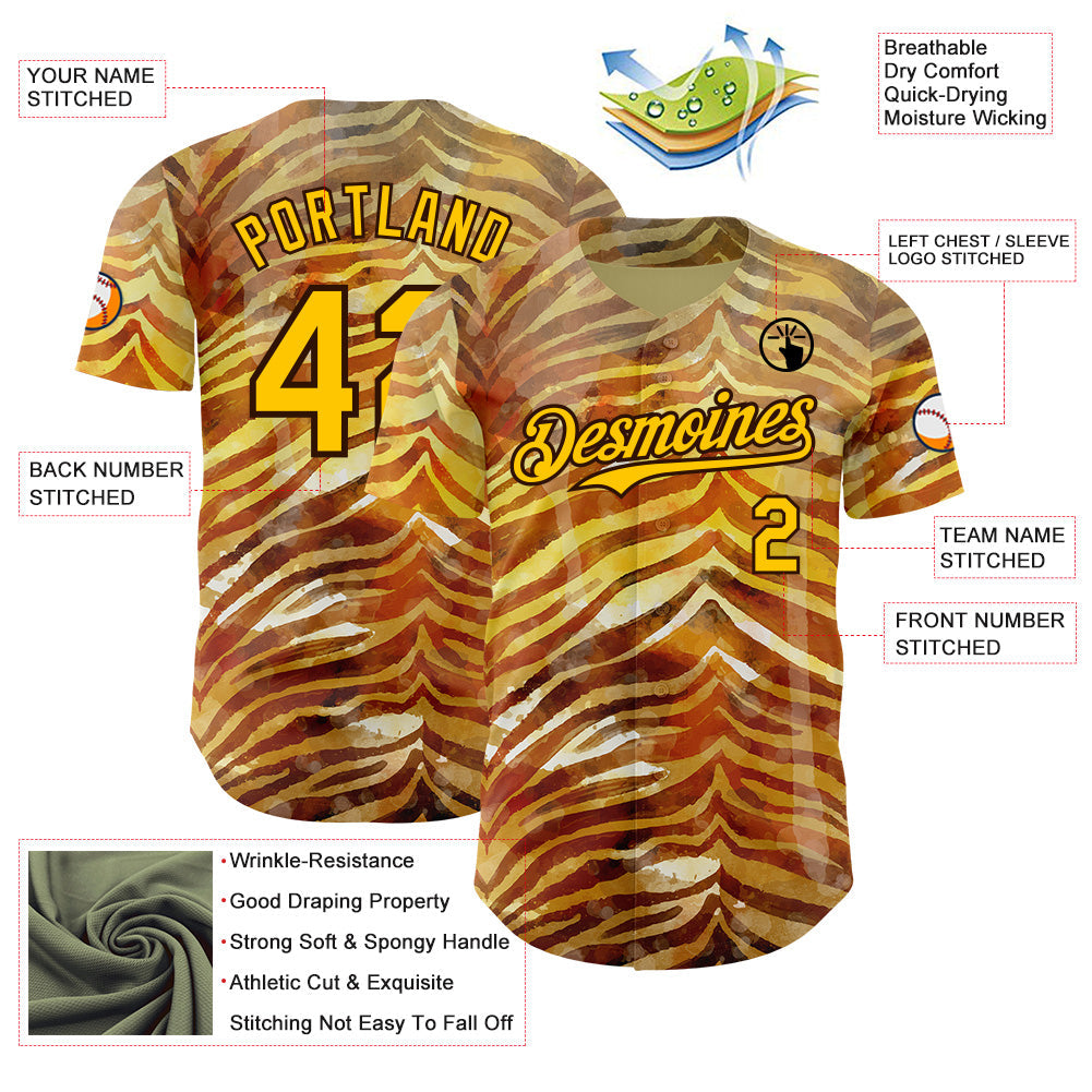 Custom Brown-Yellow Zebra Stripe Print Authentic Baseball Jersey baseball jersey product view 3