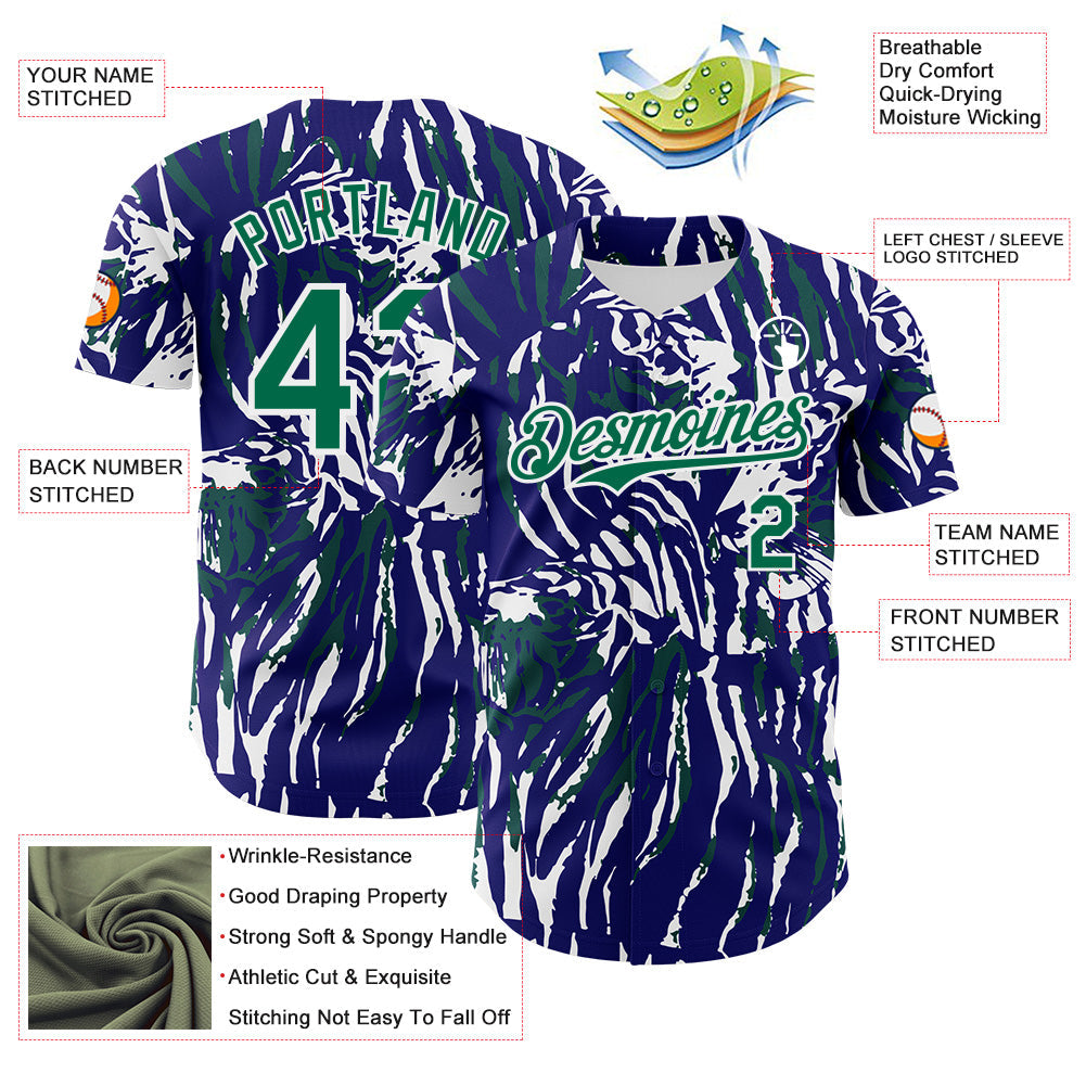 Custom Blue Kelly Green-White Tiger Stripe Print Authentic Baseball Jersey baseball jersey product view 3