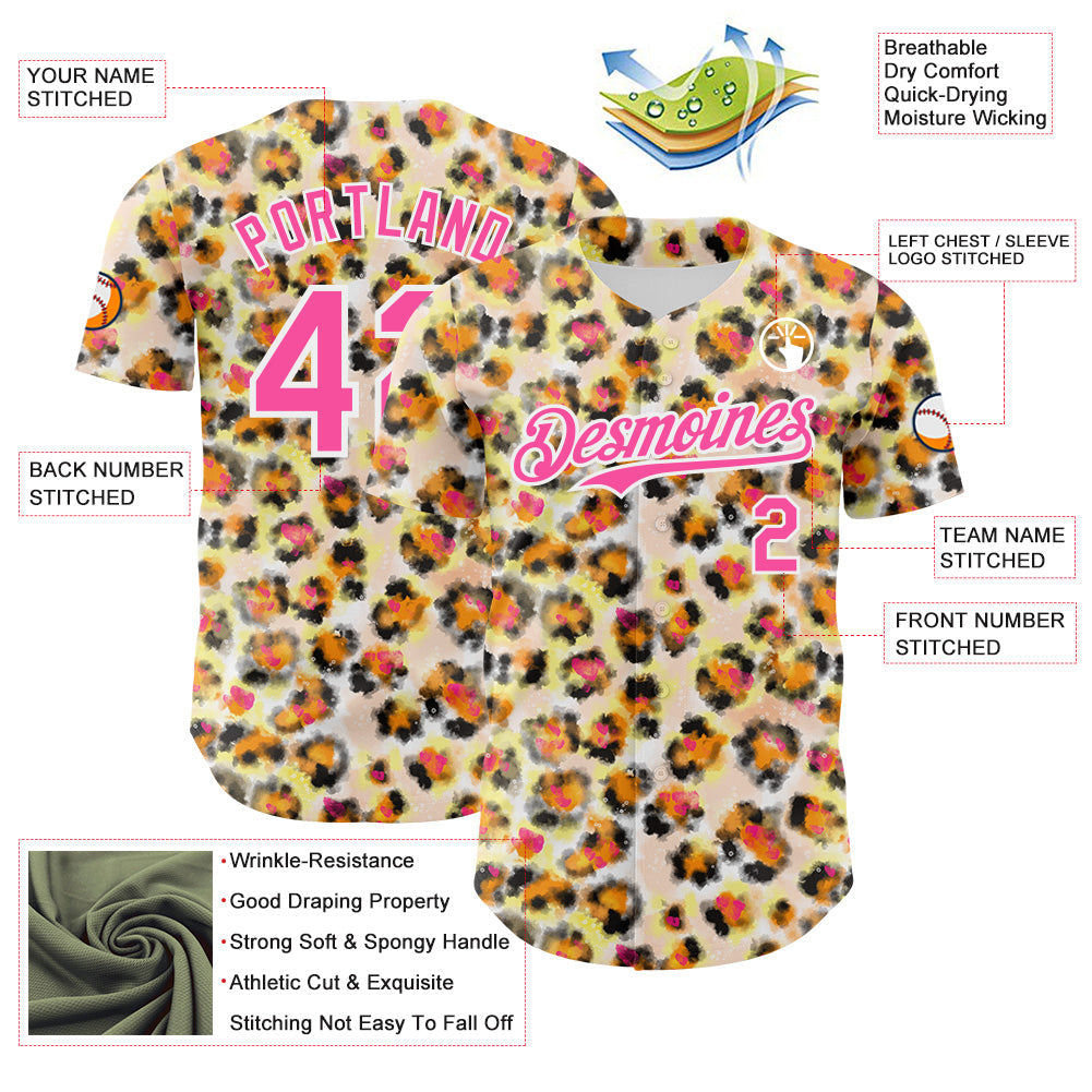 Custom Cream Pink-White Leopard Print Authentic Baseball Jersey baseball jersey product view 3