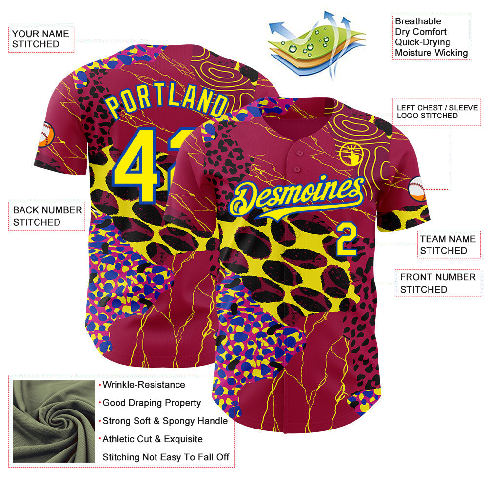 Custom Red Light Yellow-Thunder Blue Leopard Print Authentic Baseball Jersey baseball jersey product view 3