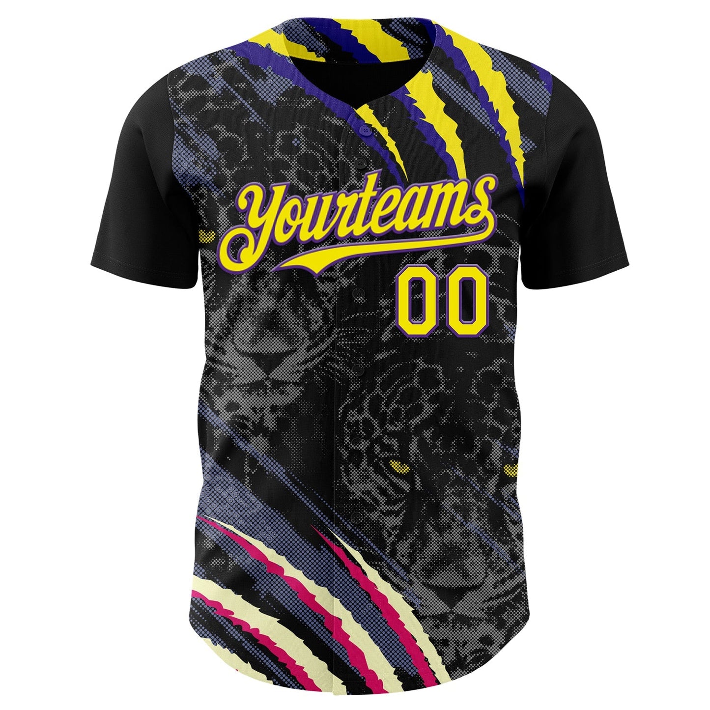 Custom Black Light Yellow-Purple Leopard Print Scratch Authentic Baseball Jersey baseball jersey product view 2