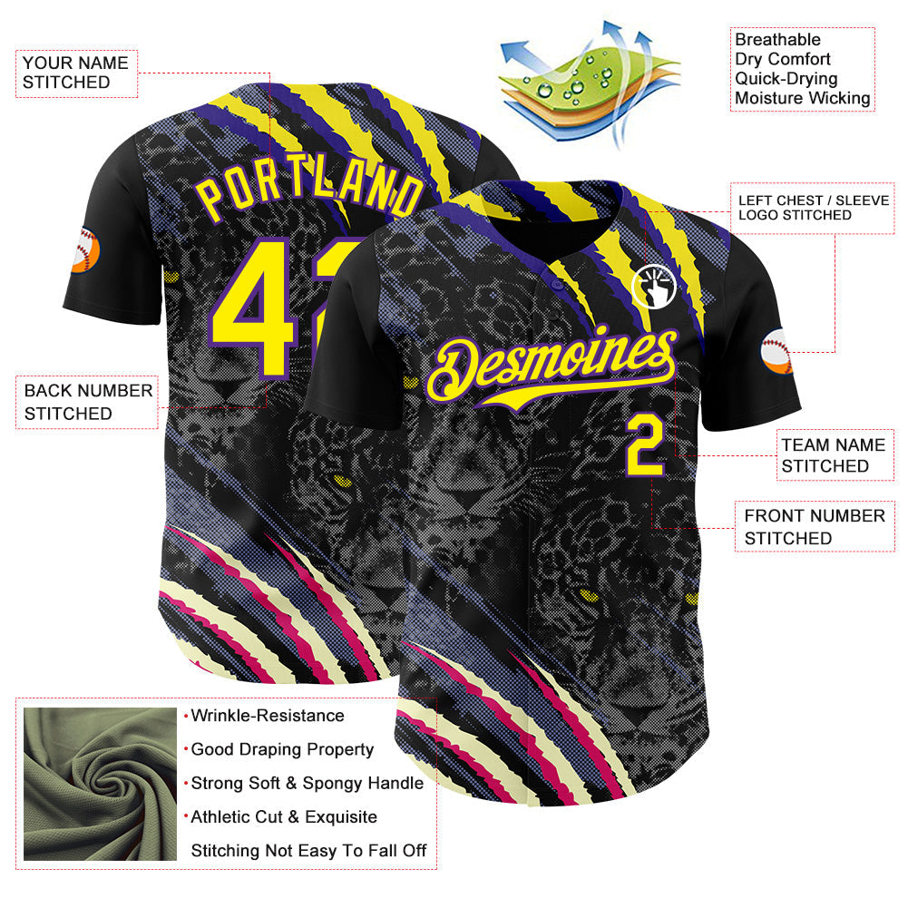 Custom Black Light Yellow-Purple Leopard Print Scratch Authentic Baseball Jersey baseball jersey product view 3