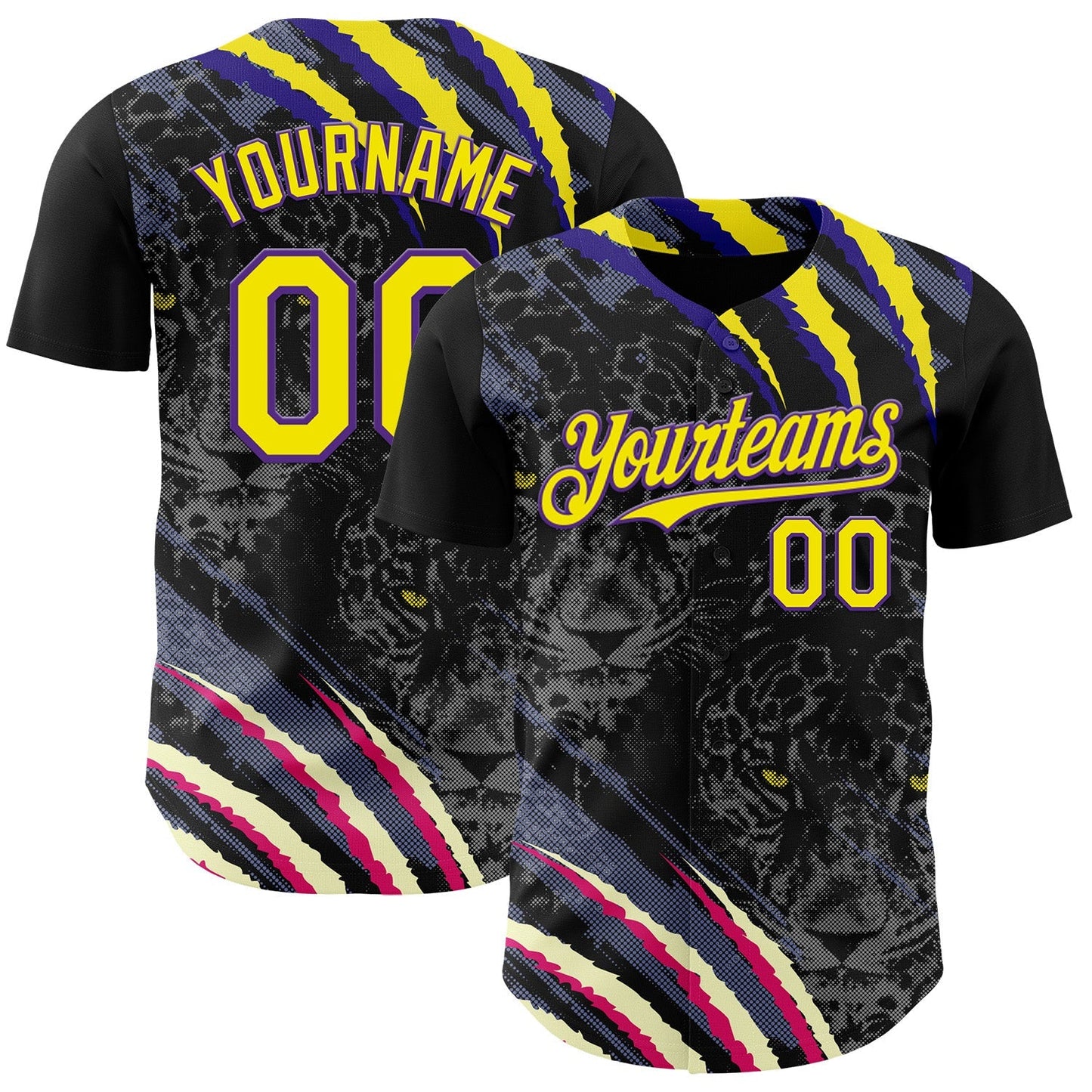 Custom Black Light Yellow-Purple Leopard Print Scratch Authentic Baseball Jersey baseball jersey product view 1