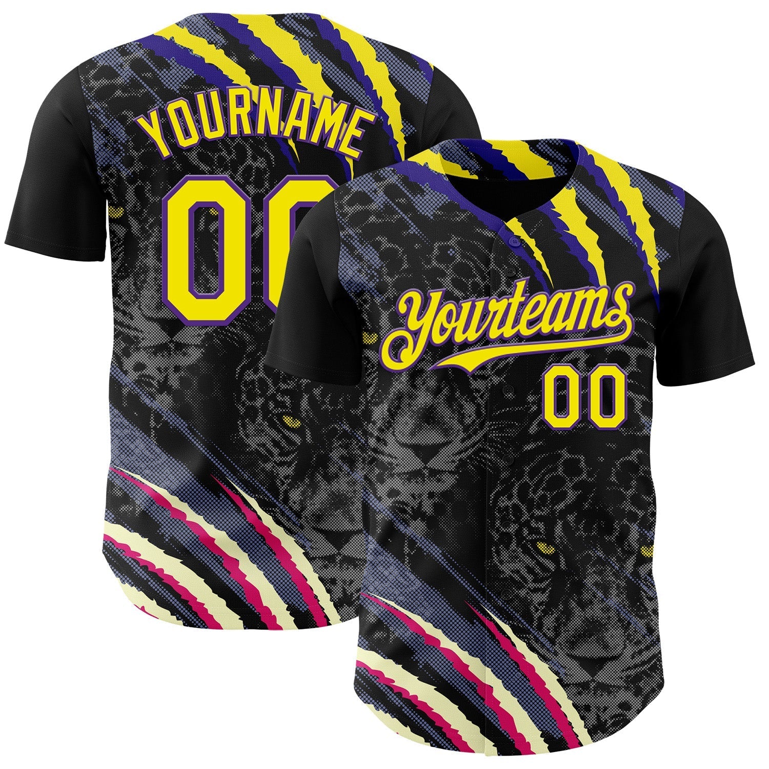 Custom Black Light Yellow-Purple Leopard Print Scratch Authentic Baseball Jersey baseball jersey product view 1