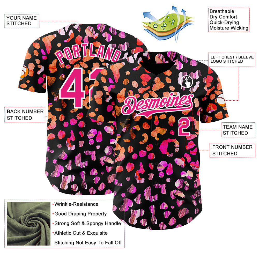 Custom Black Hot Pink-White Leopard Print Authentic Baseball Jersey baseball jersey product view 3