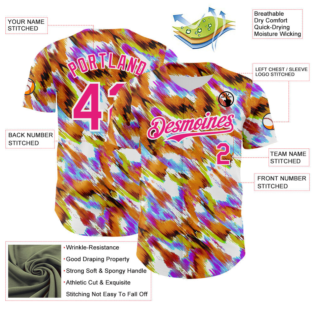 Custom Orange Hot Pink-White Leopard Print Authentic Baseball Jersey baseball jersey product view 3