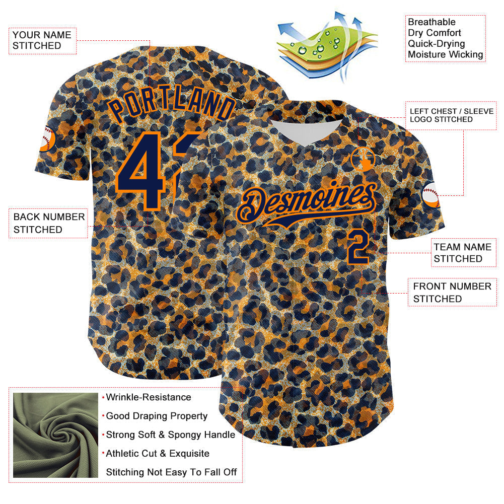 Custom Blue Navy-Bay Orange Leopard Print Authentic Baseball Jersey baseball jersey product view 3