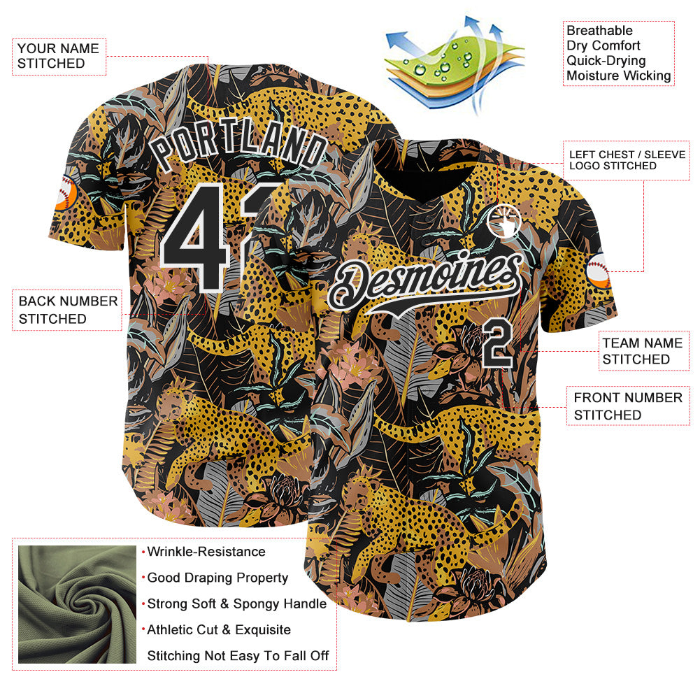 Custom Black-White Leopard Print Tropical Jungle Authentic Baseball Jersey baseball jersey product view 3