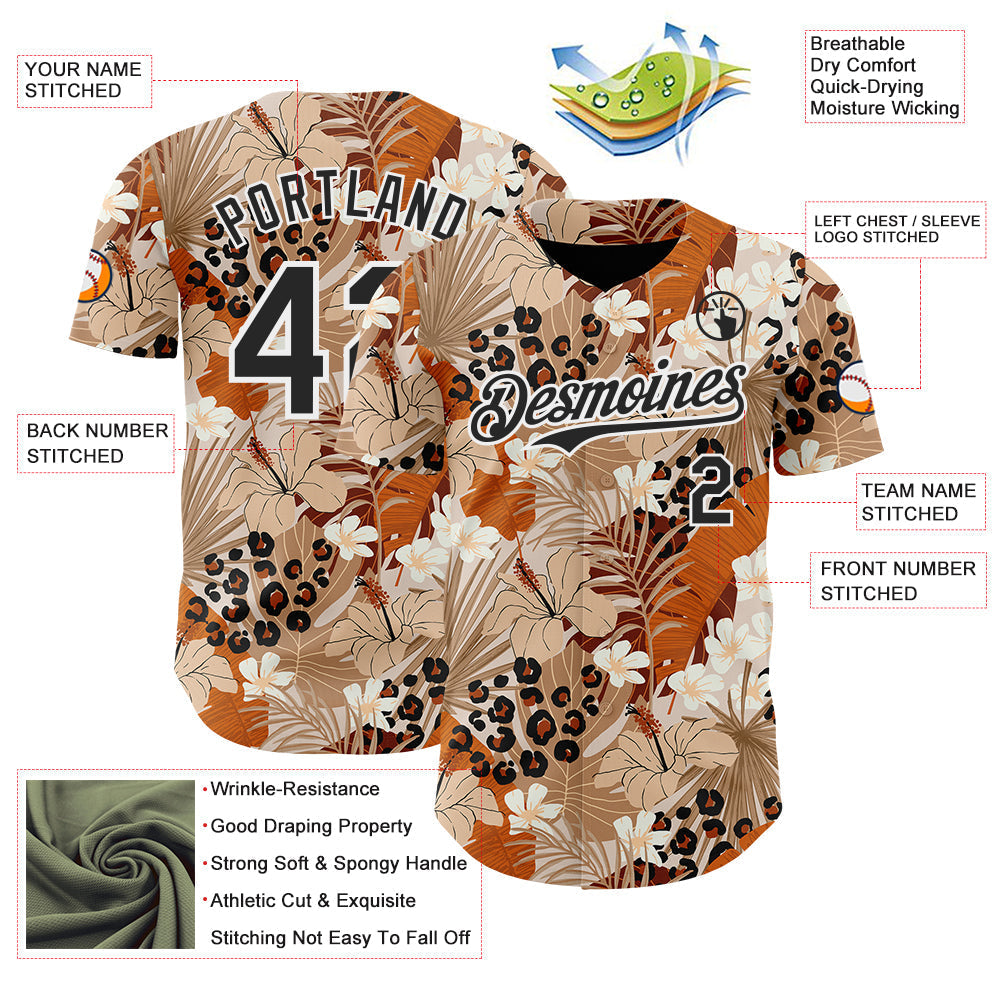 Custom Brown Black-White Leopard Print Tropical Jungle Authentic Baseball Jersey baseball jersey product view 3