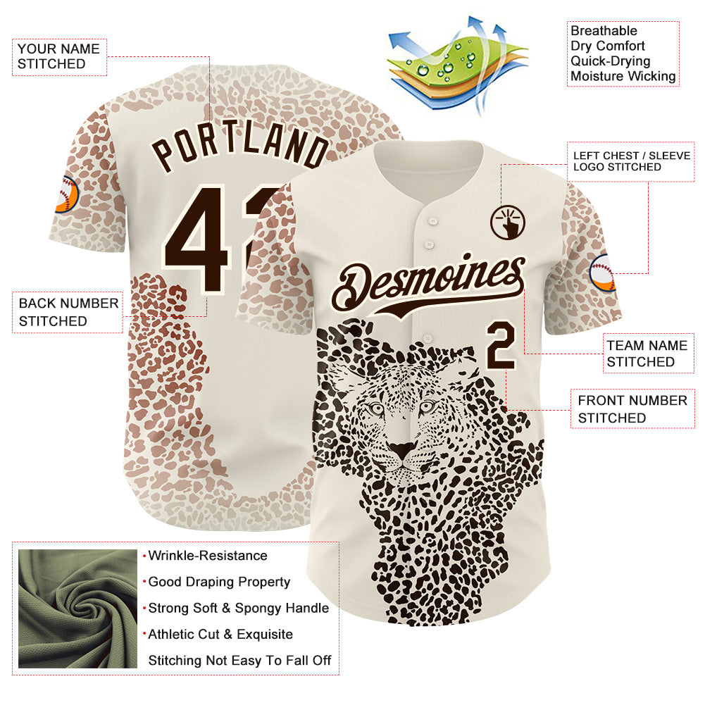 Custom Cream-Brown Leopard Print Authentic Baseball Jersey baseball jersey product view 3