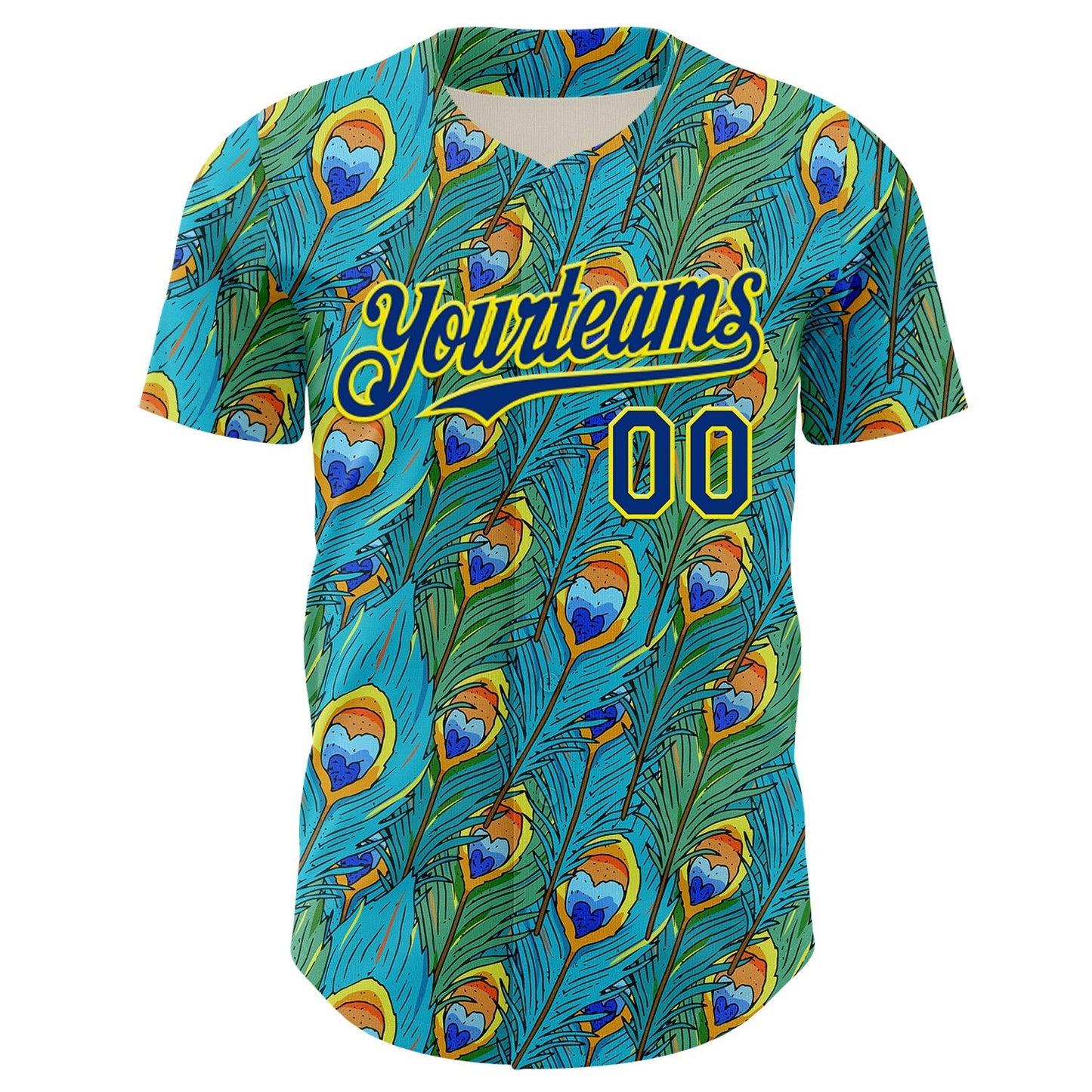 Custom Blue Royal Green-Light Yellow Peacock Feather Print Authentic Baseball Jersey baseball jersey product view 2