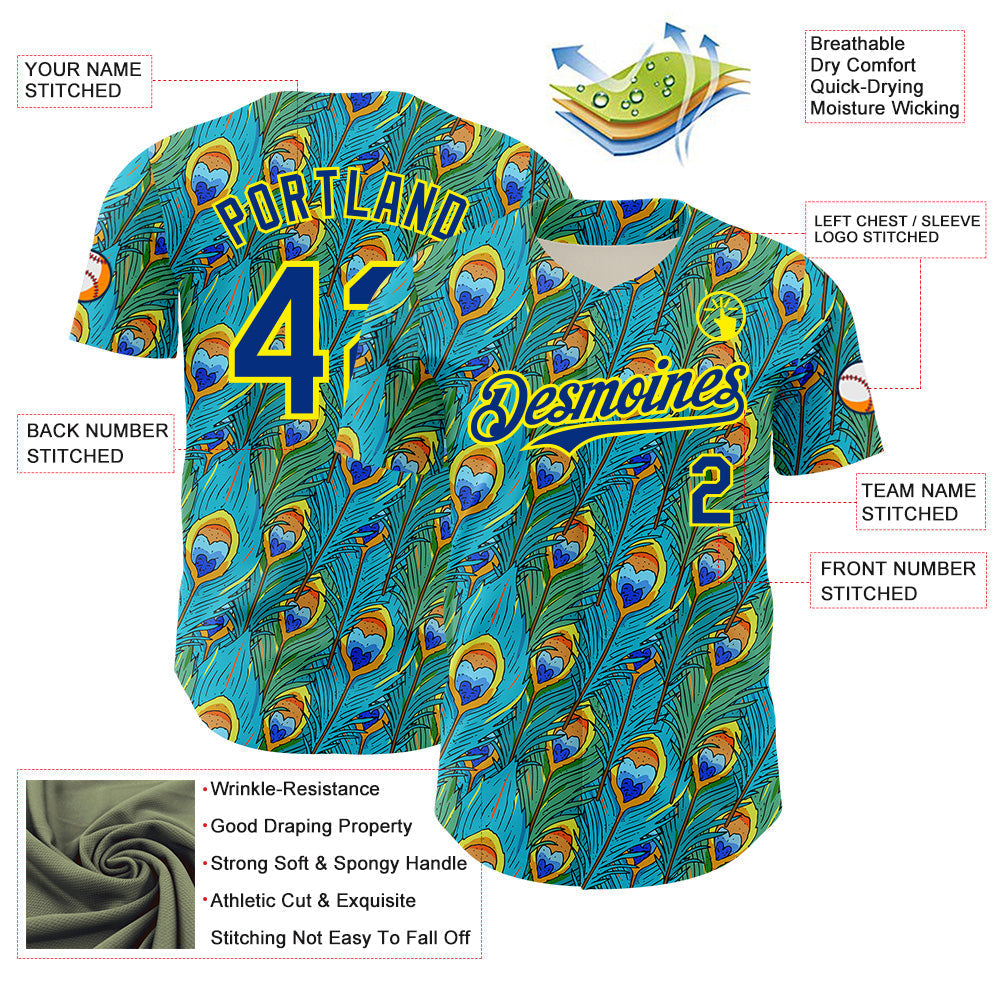 Custom Blue Royal Green-Light Yellow Peacock Feather Print Authentic Baseball Jersey baseball jersey product view 3