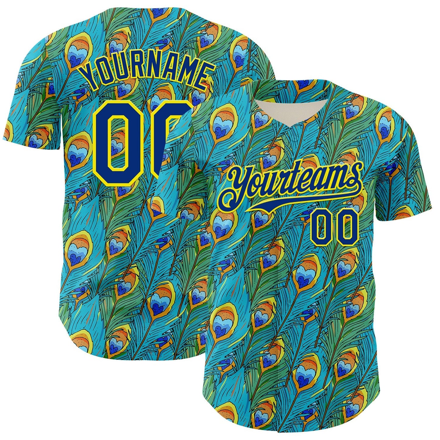 Custom Blue Royal Green-Light Yellow Peacock Feather Print Authentic Baseball Jersey baseball jersey product view 1