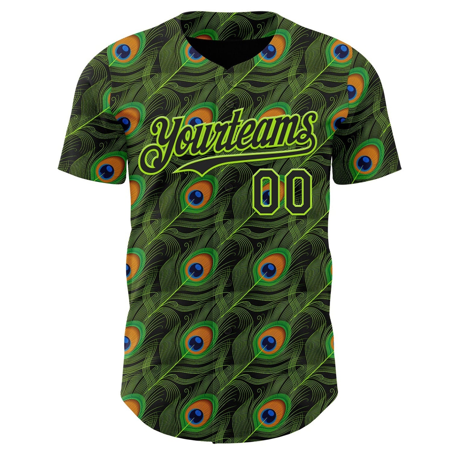 Custom Black-Neon Green Peacock Feather Print Authentic Baseball Jersey baseball jersey product view 2