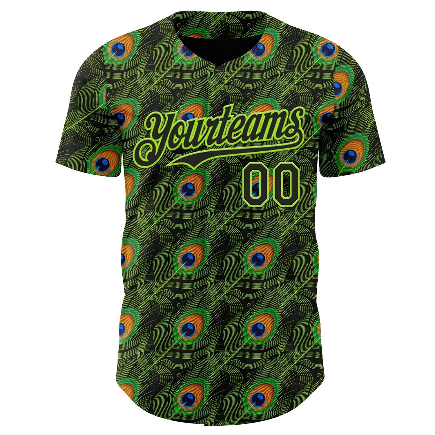 Custom Black-Neon Green Peacock Feather Print Authentic Baseball Jersey baseball jersey product view 2