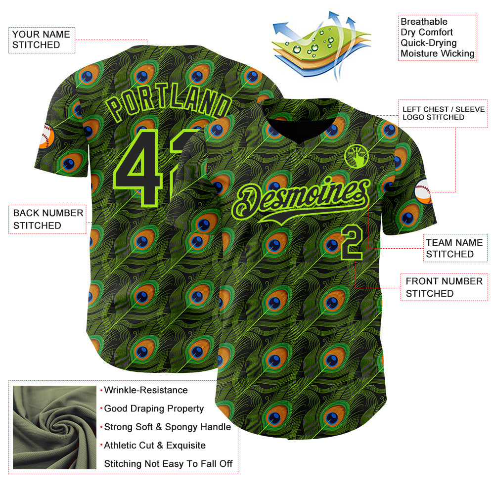 Custom Black-Neon Green Peacock Feather Print Authentic Baseball Jersey baseball jersey product view 3