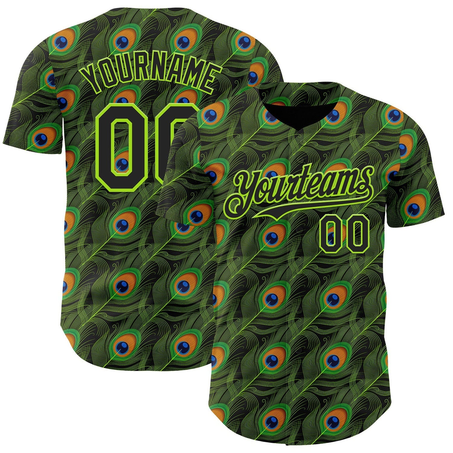Custom Black-Neon Green Peacock Feather Print Authentic Baseball Jersey baseball jersey product view 1