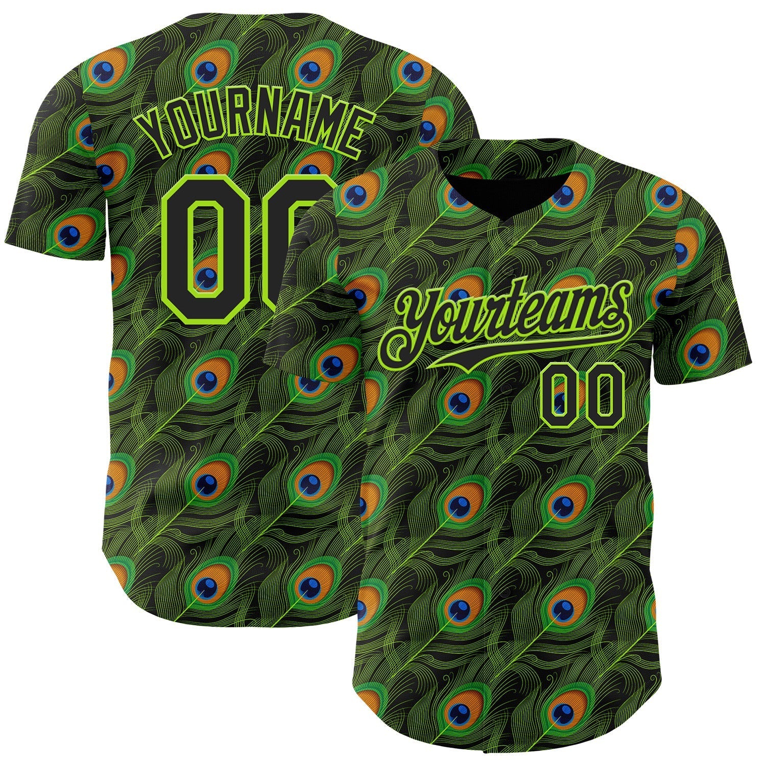 Custom Black-Neon Green Peacock Feather Print Authentic Baseball Jersey baseball jersey product view 1