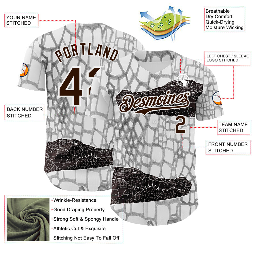 Custom White Brown-Gray Crocodile Skin Authentic Baseball Jersey baseball jersey product view 3