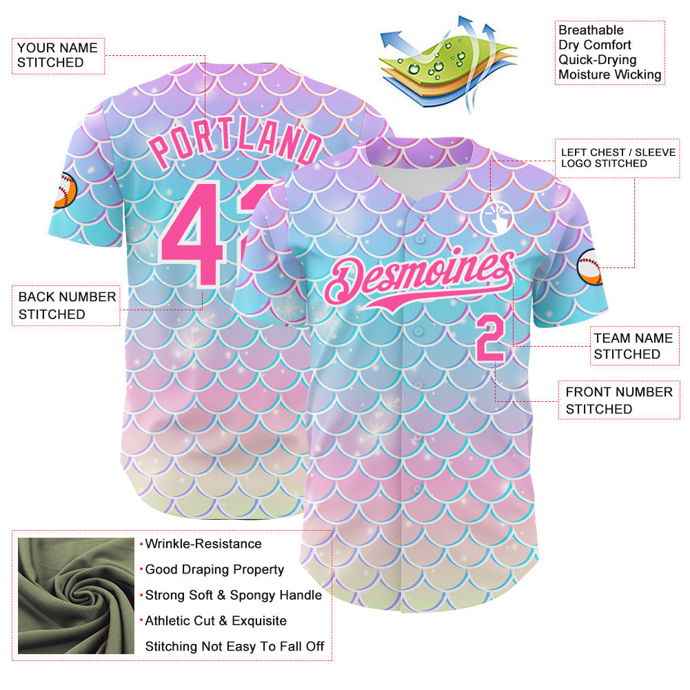 Custom Purple Pink Blue-White Mermaid Skin Authentic Baseball Jersey baseball jersey product view 3