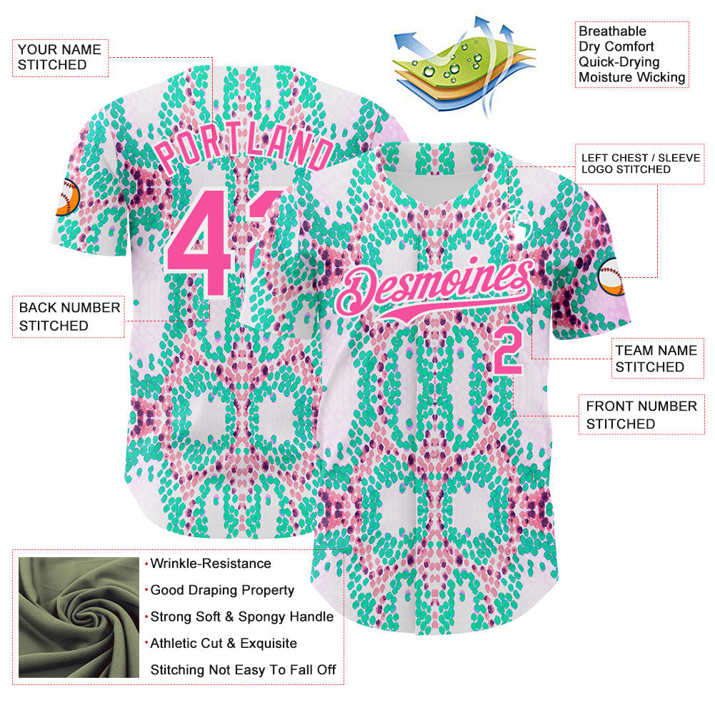 Custom White Pink-Green Snake Skin Authentic Baseball Jersey baseball jersey product view 3