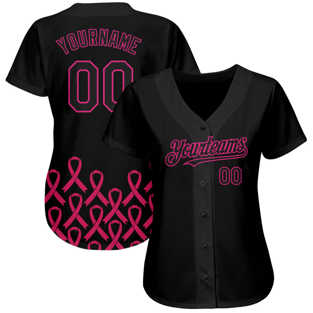 Custom Black Hot Pink 3D Pink Ribbon Breast Cancer Awareness Month Women Health Care Support Authentic Baseball Jersey baseball jersey product view 2