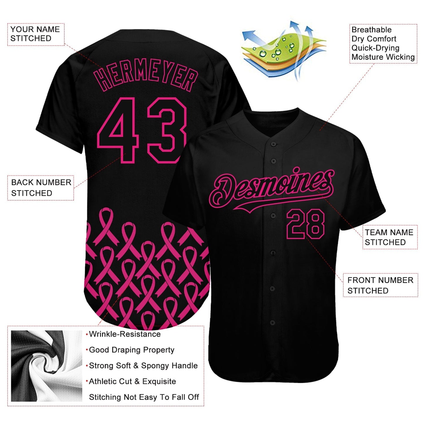 Custom Black Hot Pink 3D Pink Ribbon Breast Cancer Awareness Month Women Health Care Support Authentic Baseball Jersey baseball jersey product view 3