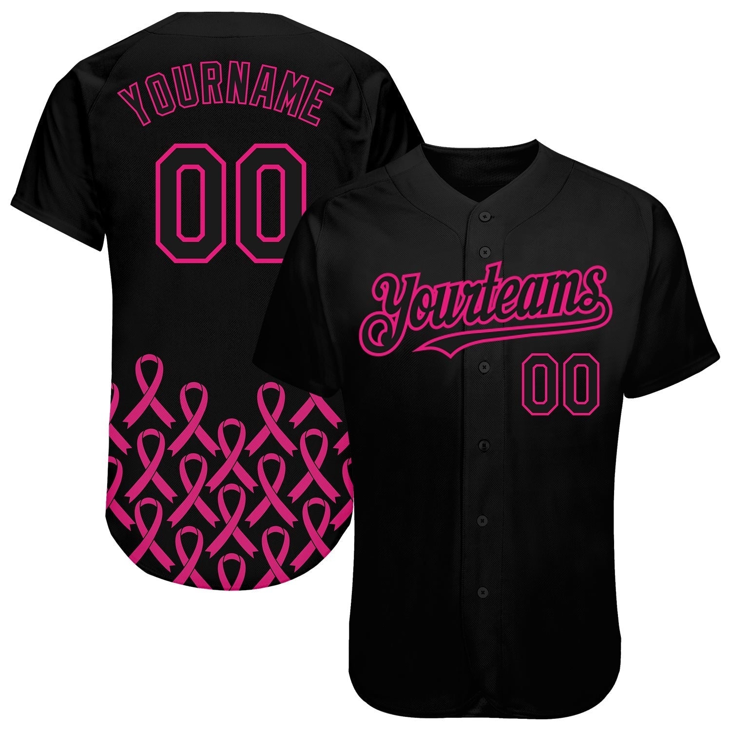 Custom Black Hot Pink 3D Pink Ribbon Breast Cancer Awareness Month Women Health Care Support Authentic Baseball Jersey baseball jersey product view 1