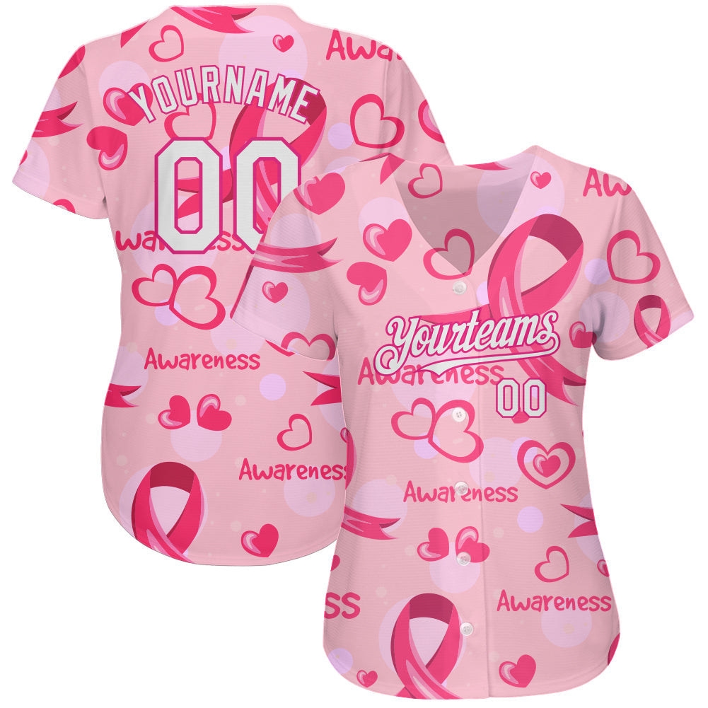 Custom Pink White-Hot Pink 3D Pink Ribbon Breast Cancer Awareness Month Women Health Care Support Authentic Baseball Jersey baseball jersey product view 2