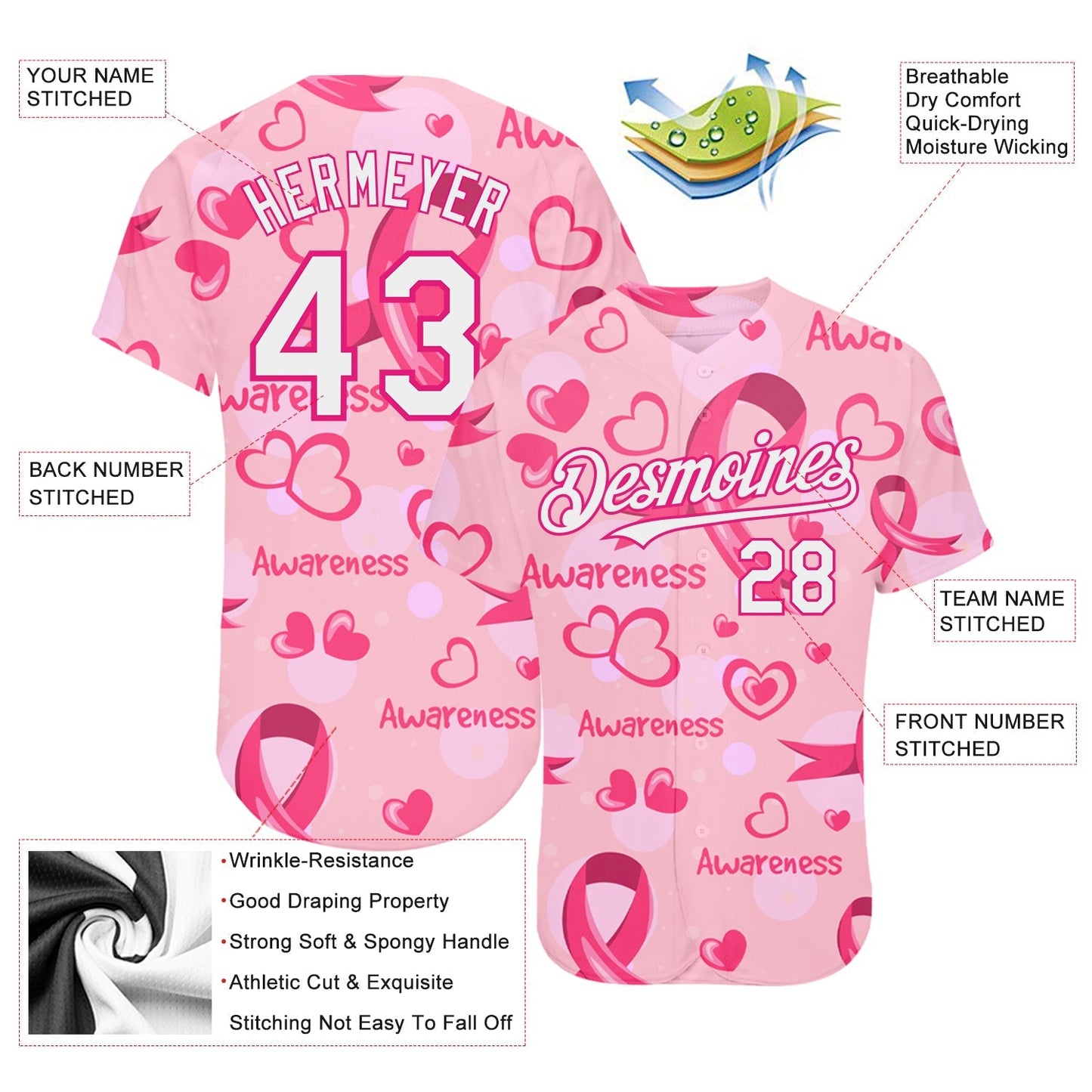 Custom Pink White-Hot Pink 3D Pink Ribbon Breast Cancer Awareness Month Women Health Care Support Authentic Baseball Jersey baseball jersey product view 3