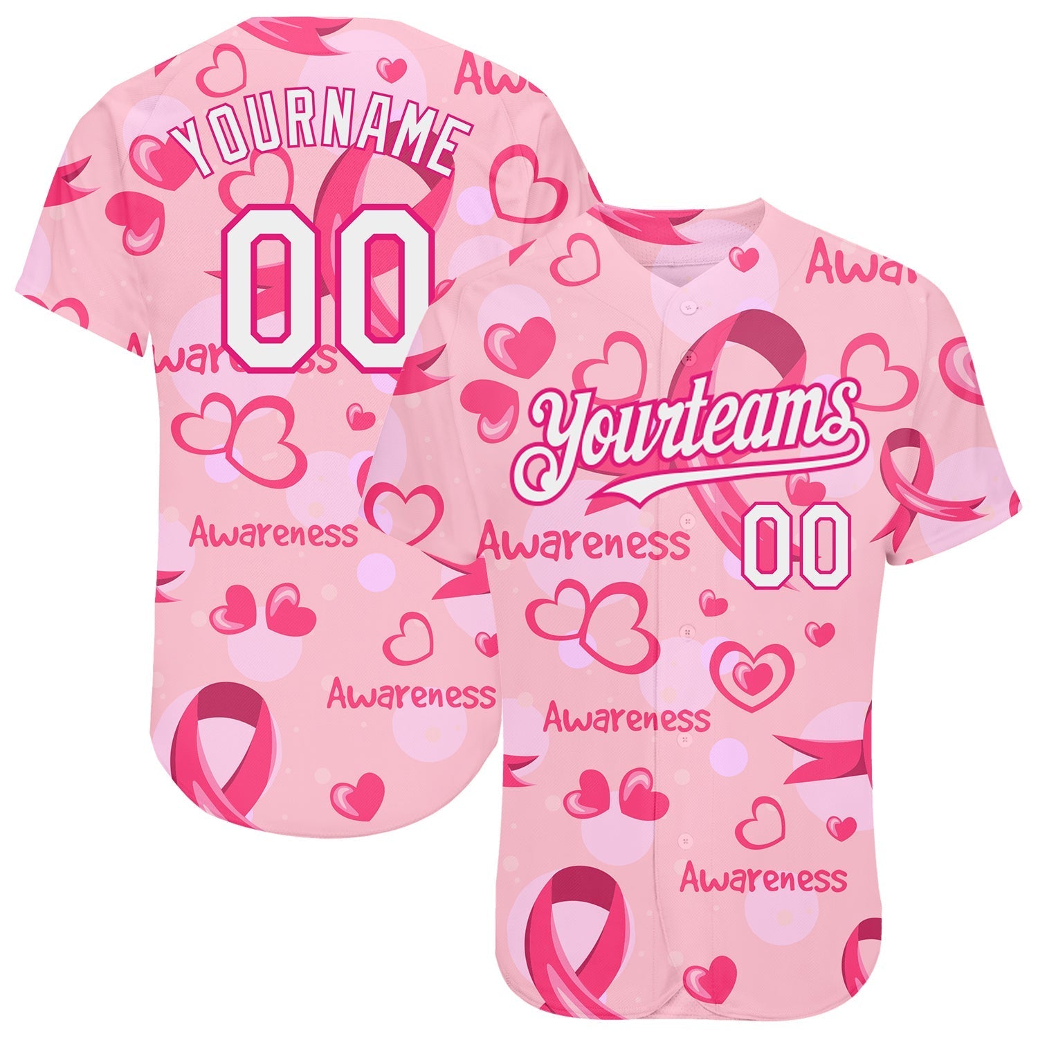 Custom Pink White-Hot Pink 3D Pink Ribbon Breast Cancer Awareness Month Women Health Care Support Authentic Baseball Jersey baseball jersey product view 1