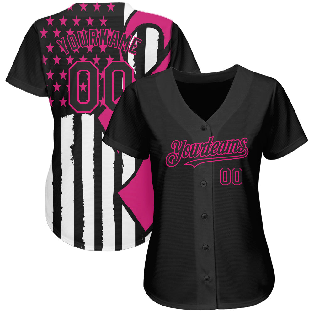 Custom Black Hot Pink-White 3D Pink Ribbon Breast Cancer Awareness Month Women Health Care Support Authentic Baseball Jersey baseball jersey product view 2