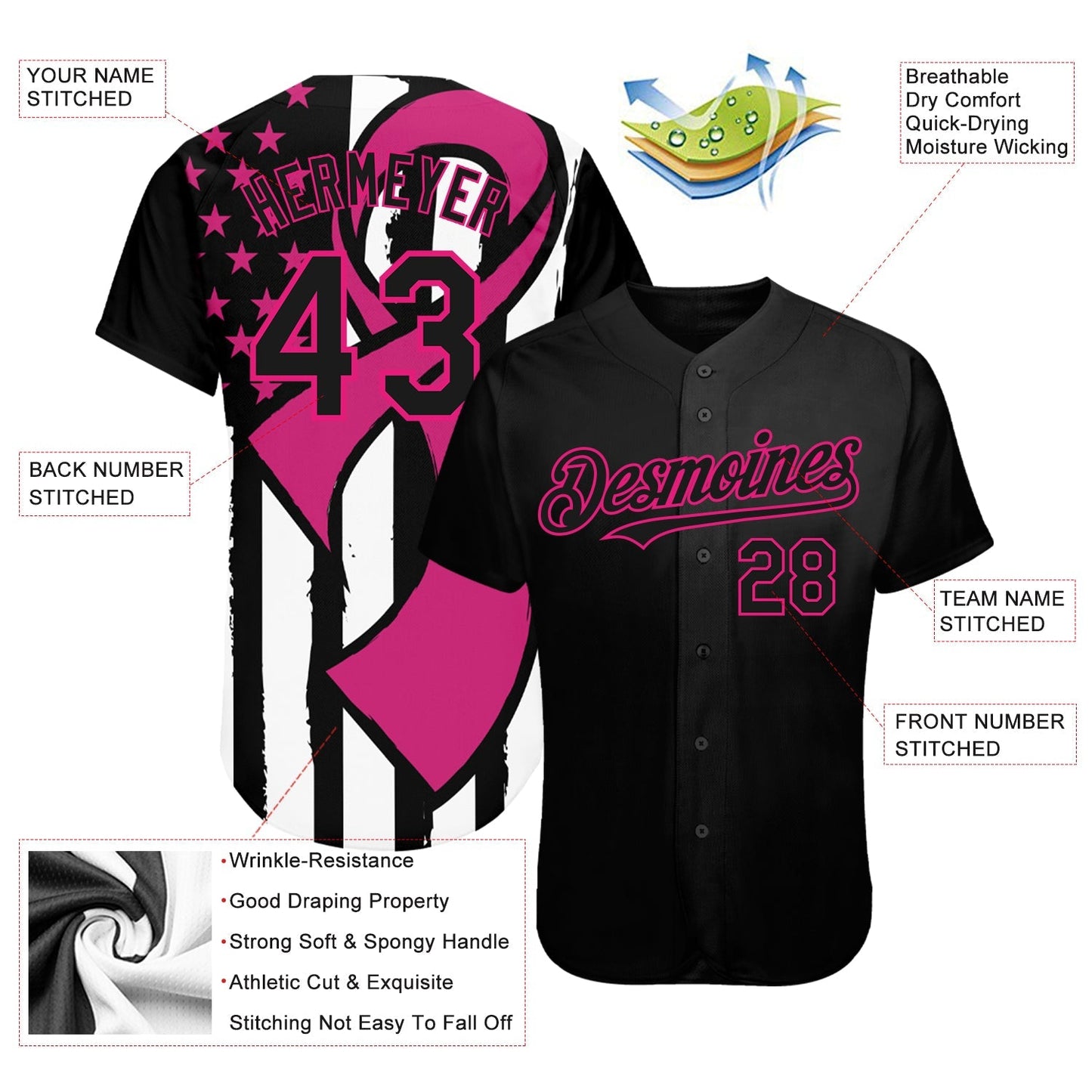Custom Black Hot Pink-White 3D Pink Ribbon Breast Cancer Awareness Month Women Health Care Support Authentic Baseball Jersey baseball jersey product view 3