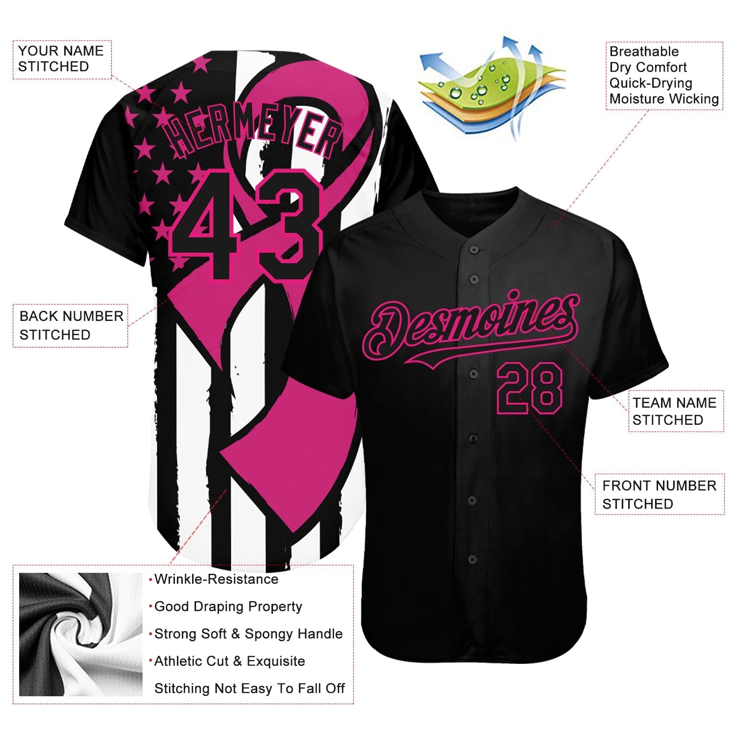 Custom Black Hot Pink-White 3D Pink Ribbon Breast Cancer Awareness Month Women Health Care Support Authentic Baseball Jersey baseball jersey product view 3