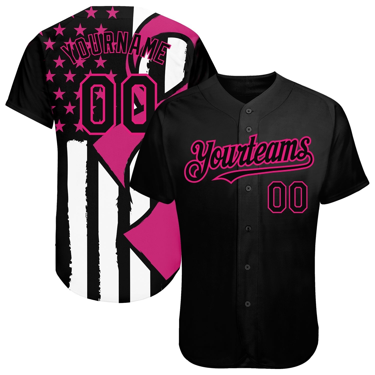Custom Black Hot Pink-White 3D Pink Ribbon Breast Cancer Awareness Month Women Health Care Support Authentic Baseball Jersey baseball jersey product view 1