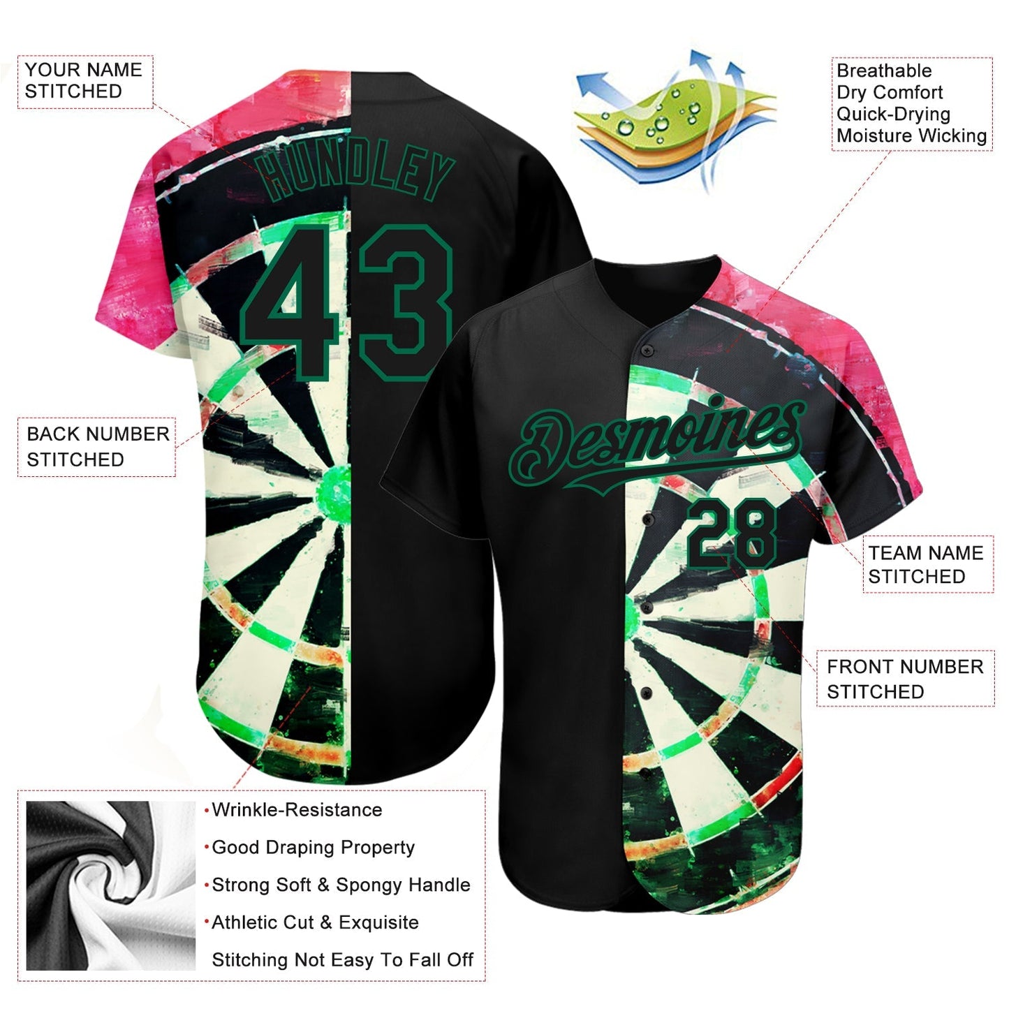 Custom Black Kelly Green-Red 3D Pattern Design Dart Board Authentic Baseball Jersey baseball jersey product view 3