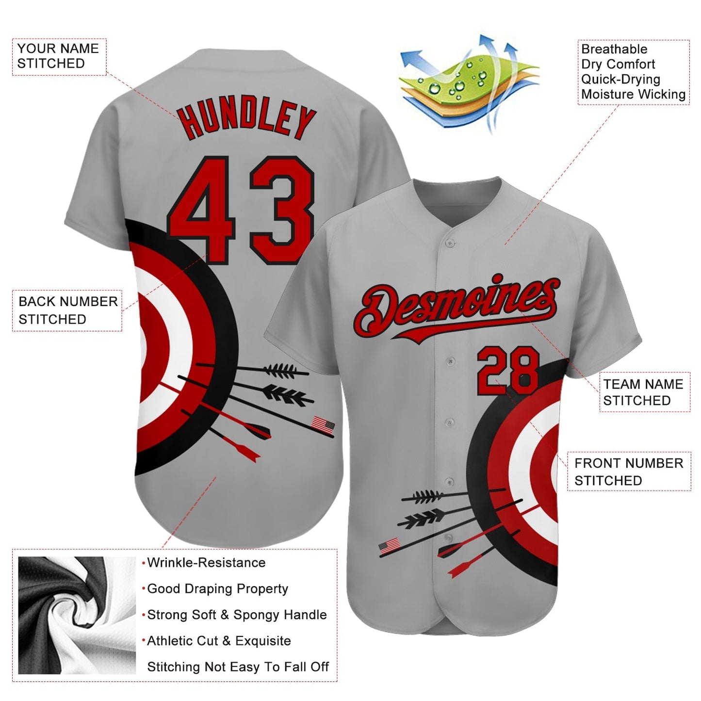 Custom Gray Red-Black 3D Pattern Design Dart Board Target Authentic Baseball Jersey baseball jersey product view 3