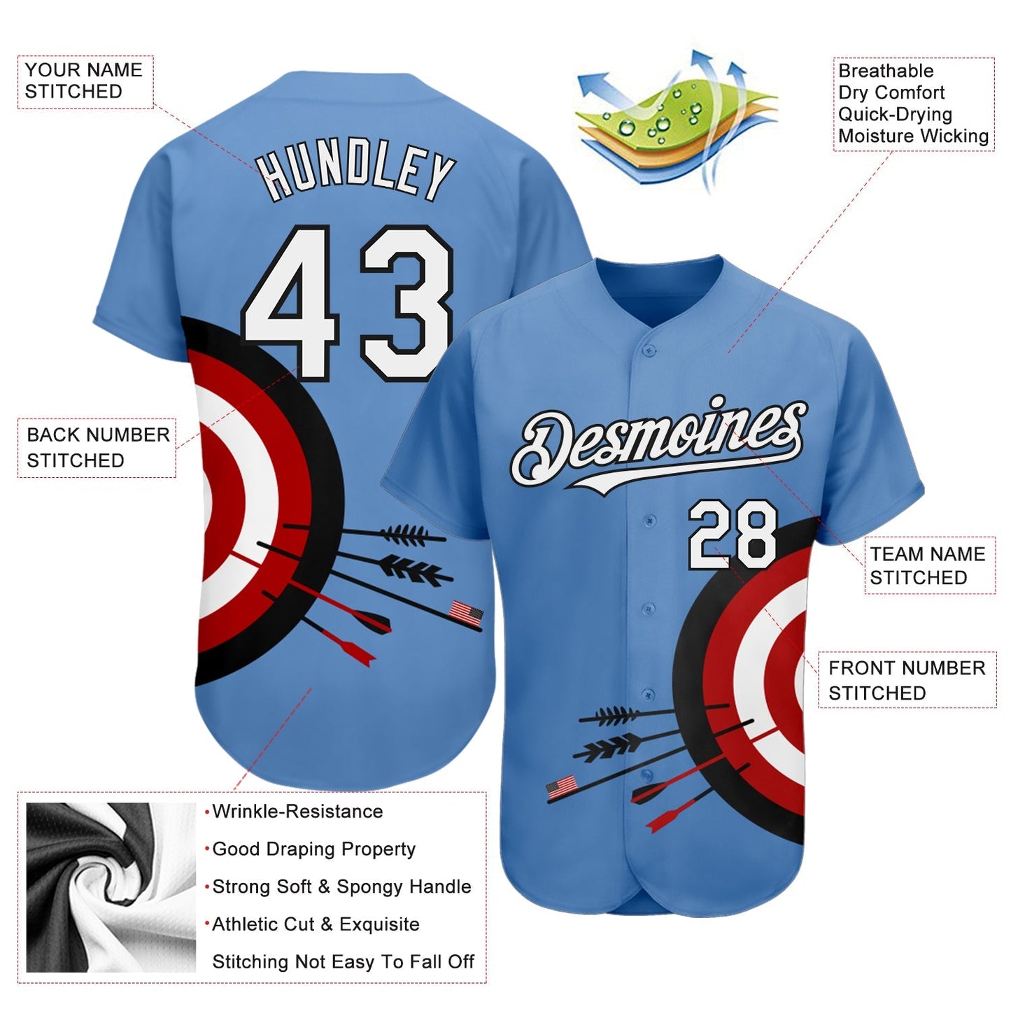 Custom Light Blue White-Black 3D Pattern Design Dart Board Target Authentic Baseball Jersey baseball jersey product view 3