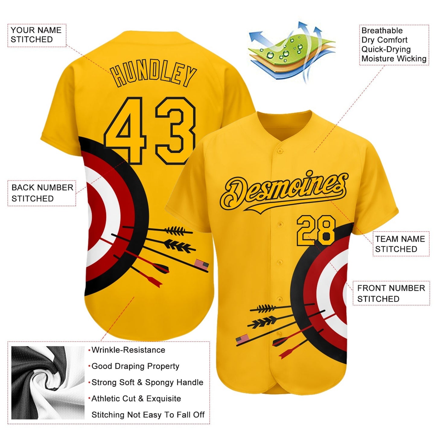 Custom Gold Black-Red 3D Pattern Design Dart Board Target Authentic Baseball Jersey baseball jersey product view 3