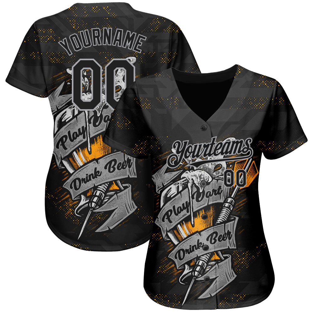 Custom Black Gray 3D Pattern Design Play Dart Drink Beer Authentic Baseball Jersey baseball jersey product view 2