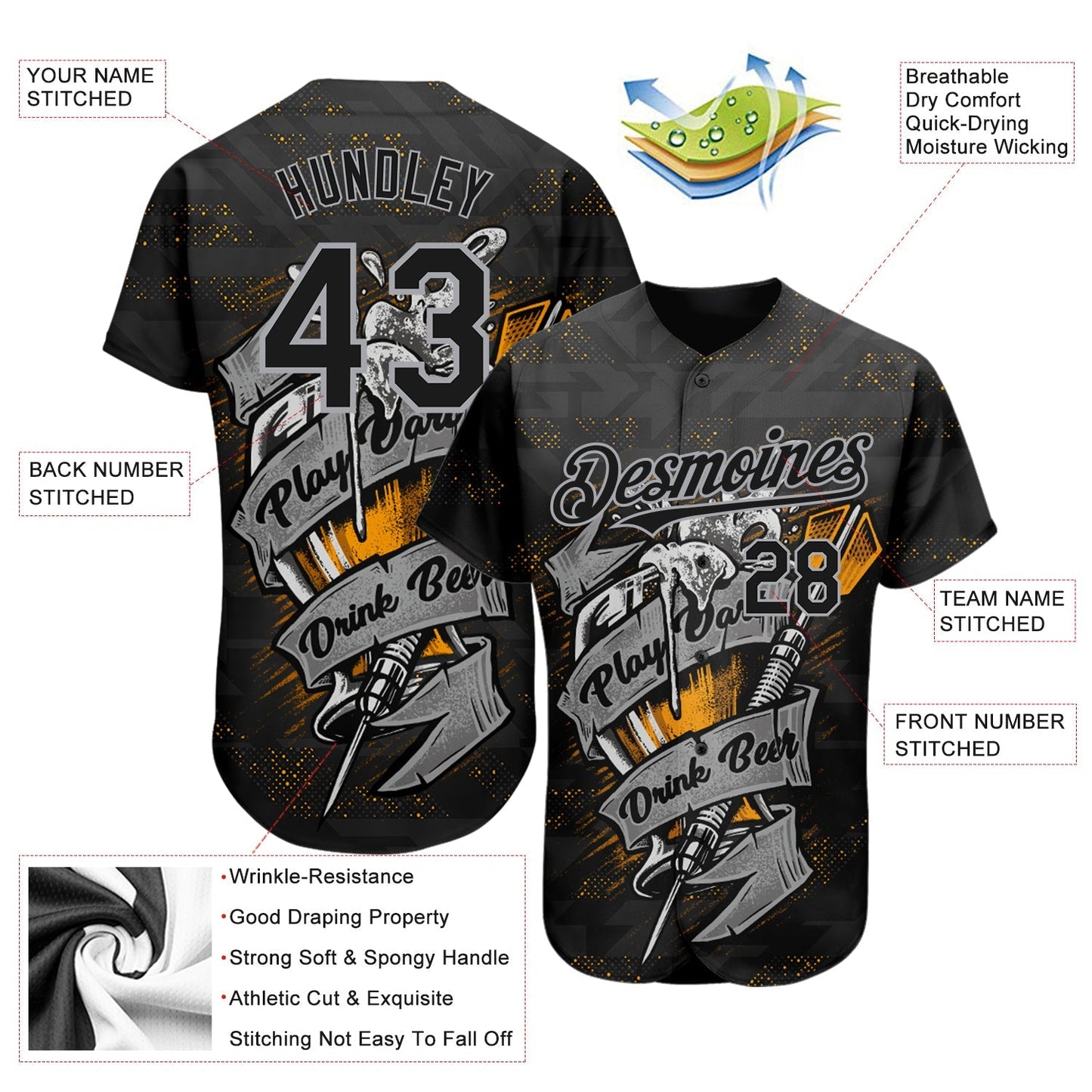 Custom Black Gray 3D Pattern Design Play Dart Drink Beer Authentic Baseball Jersey baseball jersey product view 3