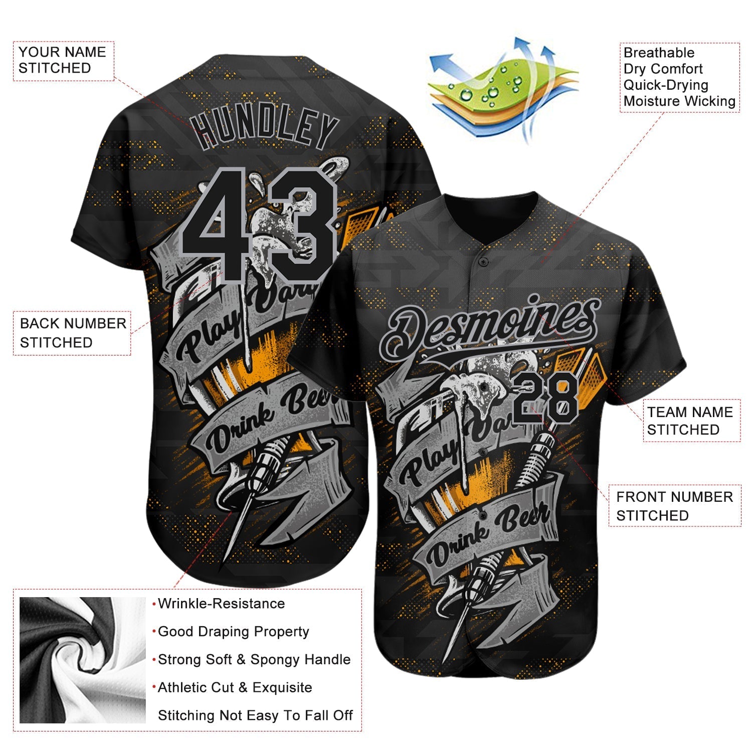 Custom Black Gray 3D Pattern Design Play Dart Drink Beer Authentic Baseball Jersey baseball jersey product view 3
