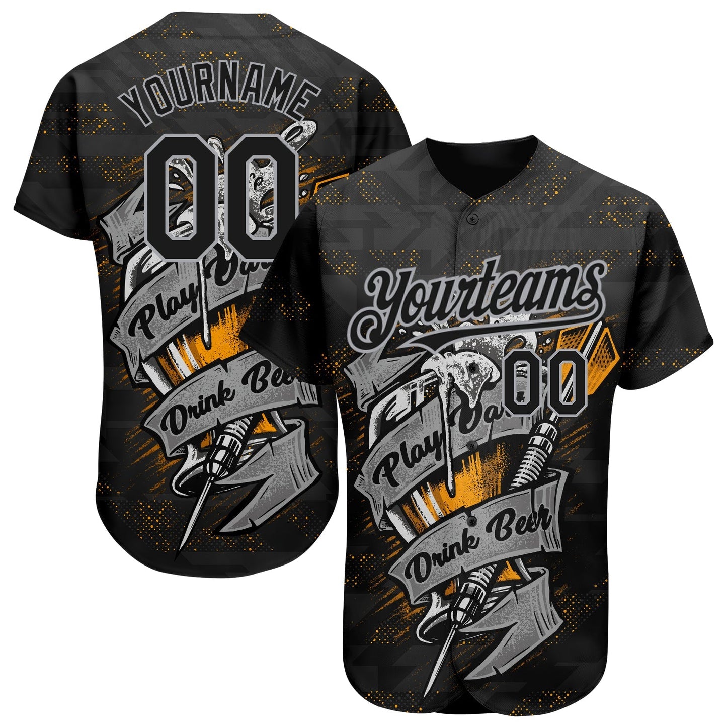 Custom Black Gray 3D Pattern Design Play Dart Drink Beer Authentic Baseball Jersey baseball jersey product view 1