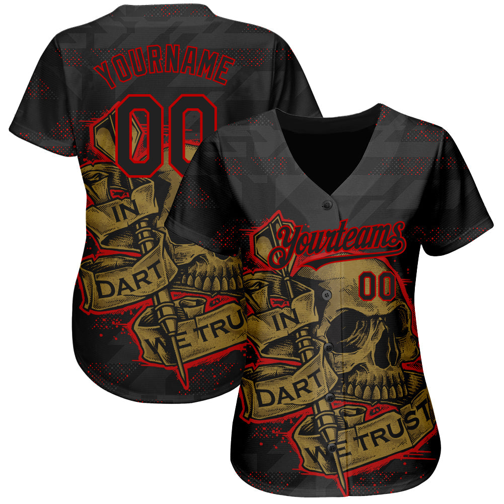 Custom Black Red-Old Gold 3D Pattern Design In Dart We Trust Authentic Baseball Jersey baseball jersey product view 2