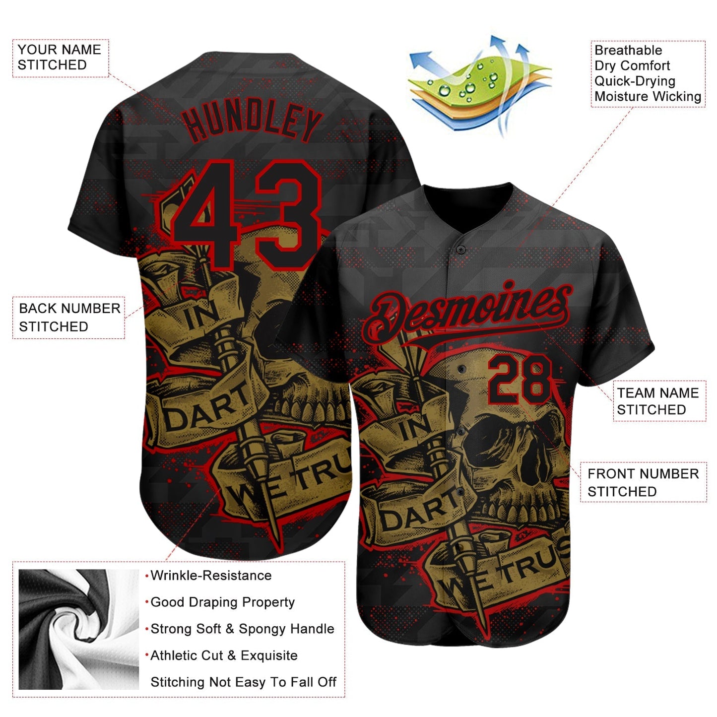 Custom Black Red-Old Gold 3D Pattern Design In Dart We Trust Authentic Baseball Jersey baseball jersey product view 3