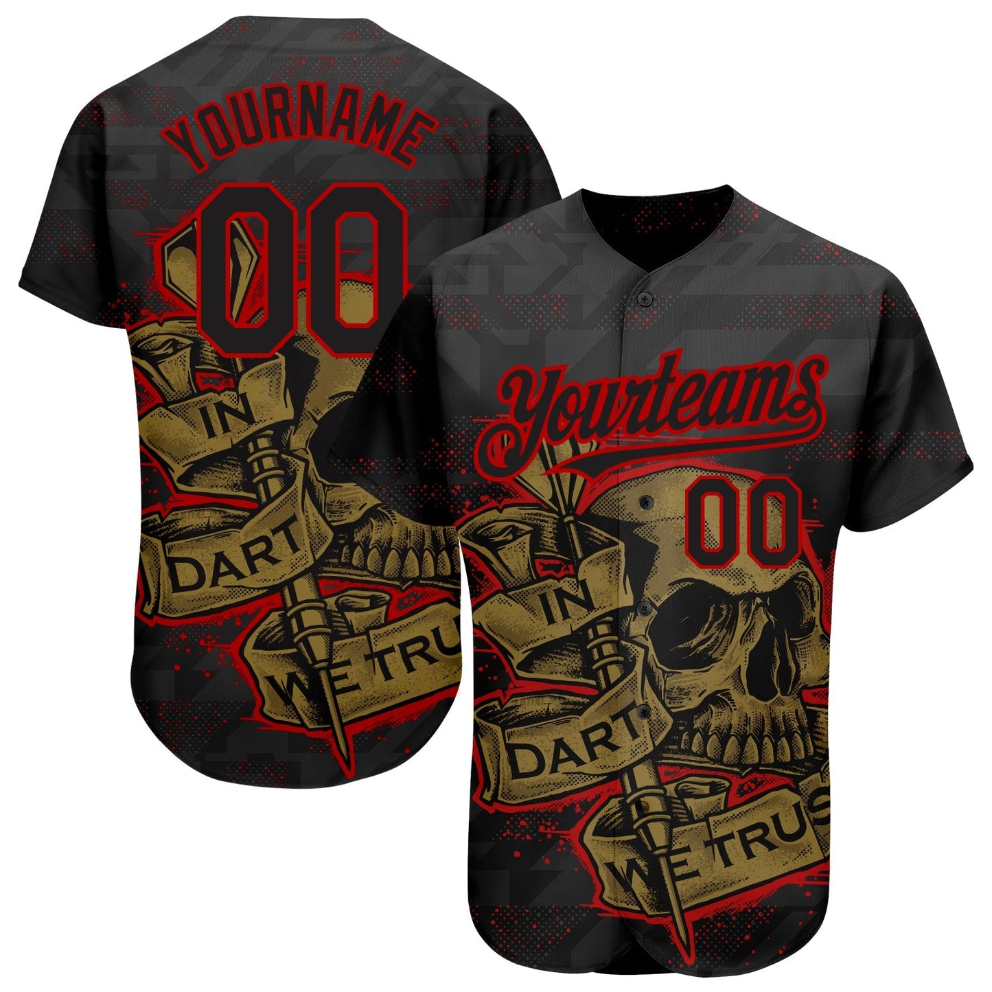 Custom Black Red-Old Gold 3D Pattern Design In Dart We Trust Authentic Baseball Jersey baseball jersey product view 1