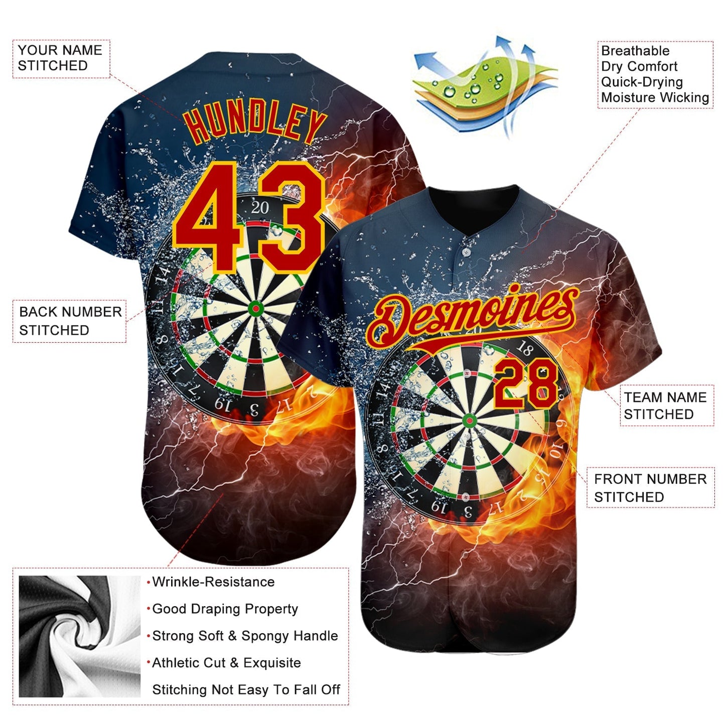 Custom Black Red-Gold 3D Pattern Design Flame Dart Board Authentic Baseball Jersey baseball jersey product view 3