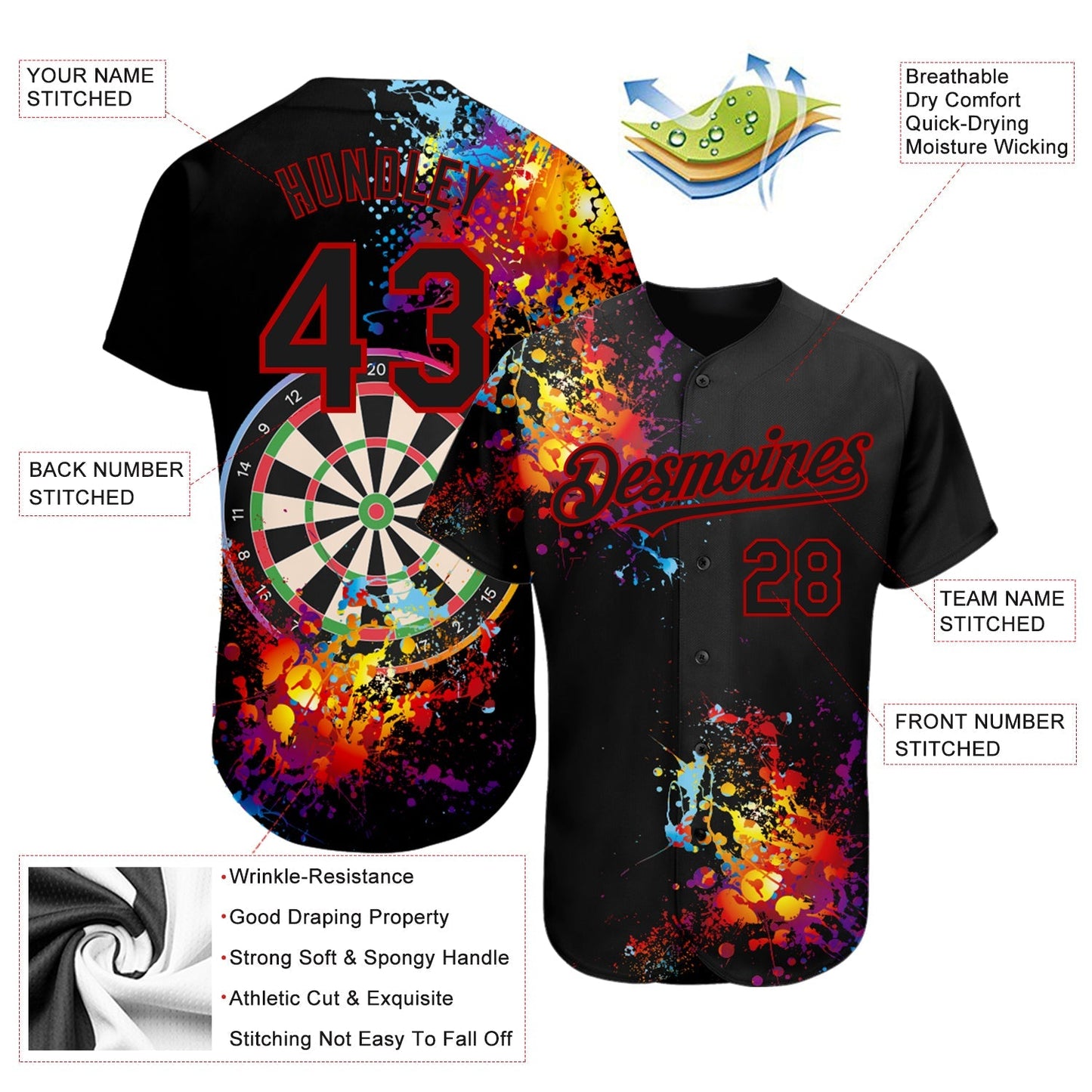 Custom Black Red 3D Pattern Design Dart Board Authentic Baseball Jersey baseball jersey product view 3
